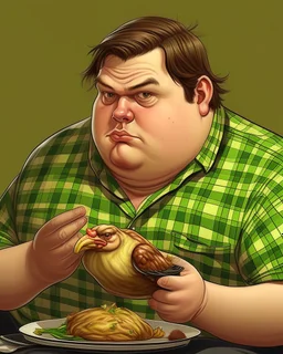 Portrait d'un jeune homme mangeant un grand poulet, ultra obèse; cheveux bruns et teint blanc, porte une chemise à carreaux de couleur vert olive. HD portrait, Artstation