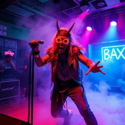 An "BAXER" performing at dance club, his name is "BAXER" and looks crazy, and pushes things on stage, Neon lights and smog, "BAXER" SIGN ON WALL