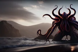 Cthulhu rising, dark, ocean, mist, mountains in background, massive