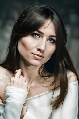 woman with the face from the uploaded photo wearing a noble medieval dress and ornaments and jewelry sitting on a wooden throne lined with furs and lit by candles