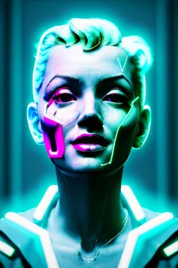 Ultra Realistic image, portrait, blonde woman, sweet Marylin Monroe face, perfect iris, glow eyes, glow makeup. Cyborg, Cyberpunk, ghost in the shell style, wires connected, oversized transparent latex coat, yakuza tattoos body. fog, rain, soft color, highly detailed, unreal engine 5, ray tracing, RTX, lumen lighting, ultra detail, volumetric lighting, 3d, finely drawn, high definition, high resolution.