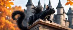 portrait of a shiny black dragon squirrel in autumn, flying above wooden castle, breathing smoke