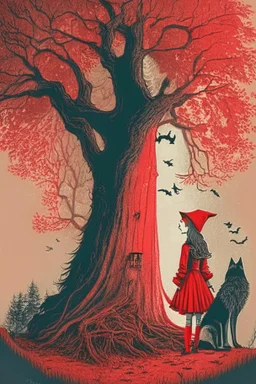 in a cosy vintage style, a beautiful witch marvels at a red tree with the big bad wolf watching her