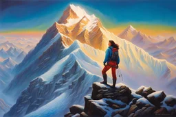 A woman having a beautiful dream standing on the top of Mount Everest painted by Jeff Easley. concept art, mid shot, intricately detailed, color depth, dramatic, 2/3 face angle, side light, colorful background