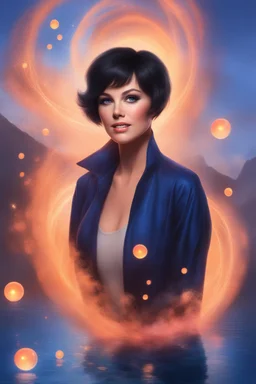 3D Bubbles, Floating hearts with an electrical current, fog, clouds, somber, ghostly mountain peaks, a flowing river of volcanic Lava, fireflies, a close-up, facial portrait of a totally gorgeous Marie Osmond with short, buzz-cut, pixie-cut Black hair tapered on the sides, wide open, cobalt blue eyes, smiling a big bright happy smile, wearing a hoodie over a red bikini, in the art style of Boris Vallejo
