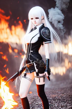 close-up gothic anime girl, white hair, tight outfit with gun on thigh, standing on a train track, smoke and fire surroundings, she is dull and dark, looks determined , train approaching behind her, poeti style