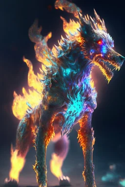 Zombie dog fire dragon humanoid fused ,extremely detailed,crystal clear, mystical colors ,perfectly centered image, perfect composition, rim light, beautiful lighting, 8k, stunning scene, raytracing