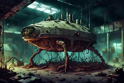 abandoned lab, experimental creature in a large tank, post-apocalyptic style, night