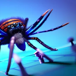 close up of a large hairy blue spider smiling and playing chess, photorealistic, blender render, wide angle lens, 4k, two birds, jungle,