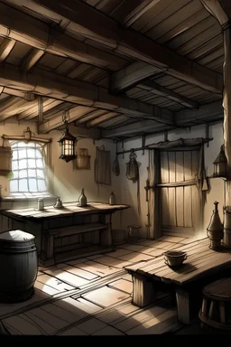 Draw for me a simple inside of a 1400s old tavern. Make it really old and dirty