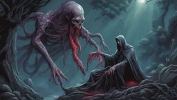 Undead mind flayer draining the blood from corpse. full body shot. fantasy and intense horror setting, Mark Brooks and Dan Mumford, comic book art, perfect, smooth