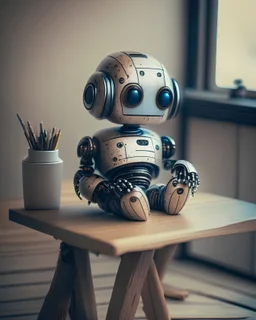 a cute robot, palm-sized, sitting on a wooden desk