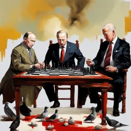 Putin, President Xi Of China And Joe Biden Play Chess With A Pigeon,Ufo And Atomic Bomb Mushroom Cloud,Complex Surgical Instruments Intermixed With A Newborn Boy,Minimalism,Painting By Adrian Ghenie,Rene Magritte,Pablo Picasso,Michelangelo,Salvador Dali,Lucian Freud