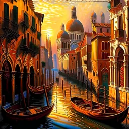 A realistic oil painting of medieval Venice, with intricate details of the architecture and streets, painted in the style of Jan van Eyck and Paul Cézanne, (long shot), warm golden lighting, vibrant colors, historical accuracy.