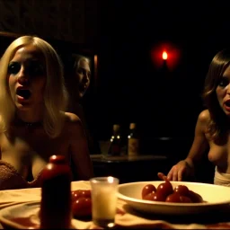 Horror movie shot, spooky, hot, ultra realistic, dine, they enjoy and get excited, ultra realistic hot blonde women, party, pieces of meat, organs, ail, dynamic, very excited people, hypermaximalist figures, light, 1970's Italian horror movie, sinister,, Dario Argento, Stanley Kubrik, ornate, 4k, photorealism