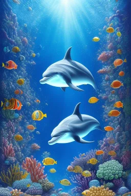 underwater, coral, a dolphin, beautiful colors, fish, very fine detail, high quality, mystical, intricate, Neo-Impressionism, soft lighting, fantasy,