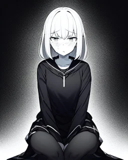 emotionless, numb, black and white, anime girl sitting with black background