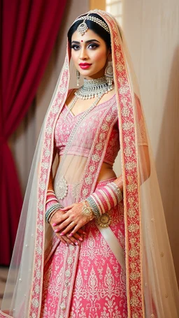 indian beautiful, tall, slim and atheletic bride, extremly long hair, bridal makeup, in designer bridal lehanga