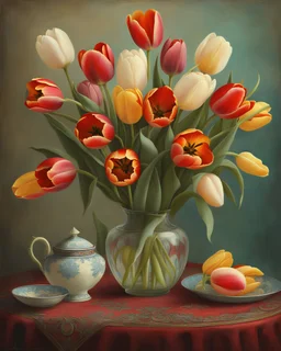 A painting of beautiful colorful tulips bouquet in a vase, Van Gogh Style, full frame, facing frontal, with very detailed red machine components, cream background, cream colour background, bright background landscape, ornate, intricate, complex, highly detailed, digital painting, smooth, art by tom bagshaw, akihiko yoshida, highly detailed, realistic, Van Gogh