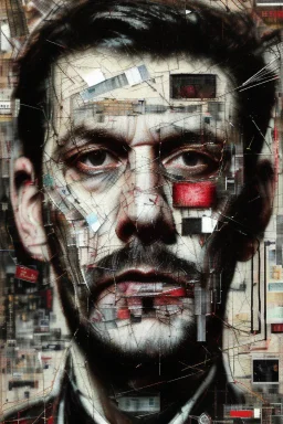 Ultra detailed medium portrait painting of a tired man, zoomed in on the lines on his face, unshaved, worried look, suicidal, broken, torn up collage of clippings, broken circuitry background, matrix effects, punk visual art, punk art aesthetic, graffiti art, pop surrealism, collage art, cluttered paint glitches