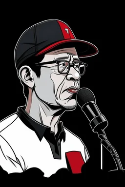 Ilustración vectorial de Gustavo Petro con gorra deportiva camisa, hablando tranquilamente con micrófono, colores negro, blanco y rojo, fondo negro