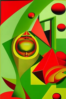 The 1970's American surreal Moral outrage; Cubism; poppy red, harvest gold, and avocado green