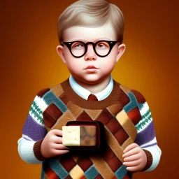 Peter billingsley chubby kid Tortoise-shell glasses, Holding a ((dark red soap bar)) in his hand, brown argyle sweater
