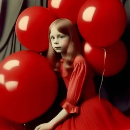 Autochrome, cute model child with long hair, in red, covered with balloons