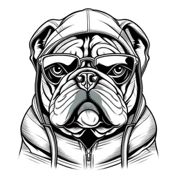 line art drawing of a bulldog wearing a hoodie with sun glasses. The hoodie has the outline shape of a bulldog. black and white, no background