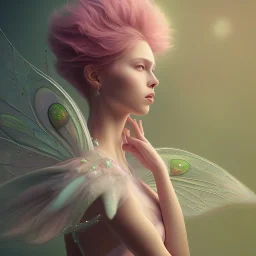 fairy, pink, green, beautiful, hyperrealism, masterpiece, expert, cinematic lighting, sharp focus, 8K, pastel, macro lens, woman, detailed, flower