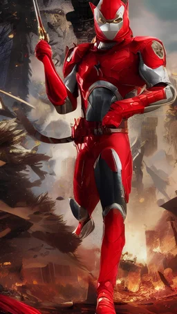 Iconic Cat-Man, red and silver, ultra-detailed armor, cat with eye mask, dynamic shot, richly saturated colors, full height, arms, legs, footwear, cinematic backlighting, hyper-realism, unparalleled detail, 8K, concept art, intricate textures , timeless masterpiece, enhanced AI, GAN, depth of field, neural network,