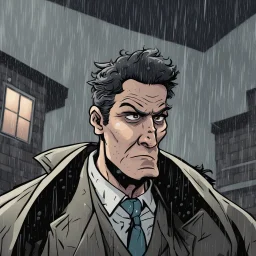 a closeup of a bored psychopath in a heavy coat during a rainstorm cartoon