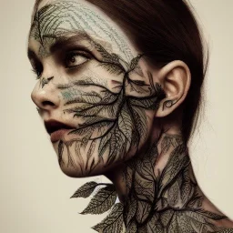 "full face tattoo of leaves and gnarled branches extending past face and morphing into reality, 8k resolution, high-quality, fine-detail, muted colors,intricate, digital art, detailed matte, volumetric lighting, illustration, octane render