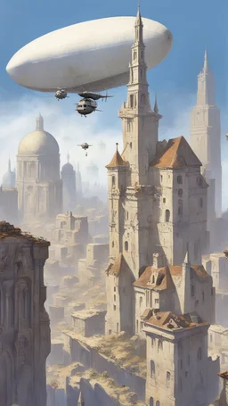 A small futuristic city in the ruins of an old building, blue sky, in the style of Gerald Brom and John Berkey, a large blimp floats above buildings, a house is made from concrete blocks, there is graffiti on walls, several tall towers with white spires tower over the scene. --ar 91:128 --v 6. 0