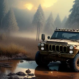 stylized hyperrealistic shot, muddy aggressive military toy truck, monotone color palette, sharp focus, puddle reflection, tire water splash, refraction, mist on the horizon, sunset, rocky terrain with huge boulders, detailed and intricate, cinematic composition, micro, tilt shift photography, unreal engine 5, octane render, 8k, cinematic lighting