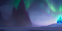 Huge stone temple inside a high Mountaintop cliffside, aurora borealis, fantasy, snow storm