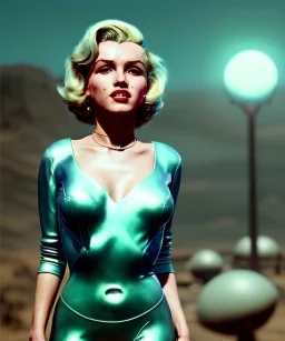 Ultra Realistic retro sci-fi 1960 scene, waist up view portrait, blonde woman, sweet young Marilyn Monroe face, perfect iris, tight latex coat, alien planet background, tight style, steel sphere dron levitating, fog, rain, soft color, highly detailed, unreal engine 5, ray tracing, RTX, lumen lighting, ultra detail, volumetric lighting, 3d, finely drawn, high definition, high resolution.