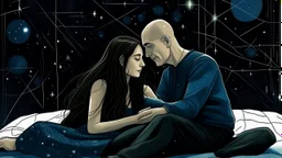 A woman with long hair is reclining on a black pillow, resting her head gently on a man's lap. The man, with a bald head, is seated and holds a small, dark blue object in his hands. They are situated on a grid-like surface, which is contrasted by a few scattered stars. Two tall, thin objects stand upright beside the man, possibly indicating a laboratory or experimental setting. The woman's pose and the man's actions suggest a moment of relaxation or contemplation.