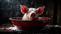 blood and a pig's head in blood in a large enameled bowl in the yard on the snow old, rural environment, winter, low light, dramatic atmosphere, high detailed, sharp focus, high realistic, perfect photo