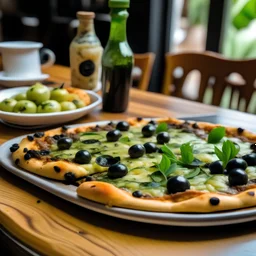 A pizza with black olives on it is on a table, and next to it is also pasta with green olives on it