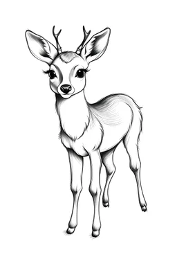 • Simple on line draw for kids of a cute tiny cartoon 'White-tailed Deer' inolated on white, white background, without color, black and white