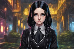 wednesday addams in 8k 2D anime realistic drawing style, Gothic them, neon effect, close picture, rain, highly detailed, high details, detailed portrait, masterpiece,ultra detailed, ultra quality