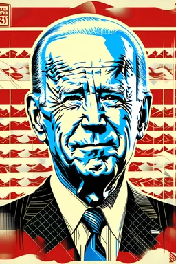 stylized stencil portrait of Joe biden in solid red, beige and (light and dark) blue with the mandarin character for obey overlaid on the bottom