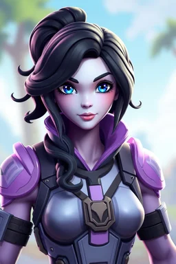 Fabulous; Beautiful; stunning; Blue eyes, long wavy black hair, porcelain skin character in fortnite (fortnite video game), (vivid), ((fortnite cartoon character)), fortnite animation, fortnite skin, (tilted towers fortnite map), full body shot, bright and dynamic coloring, (fortnite epic games), lavender body armor