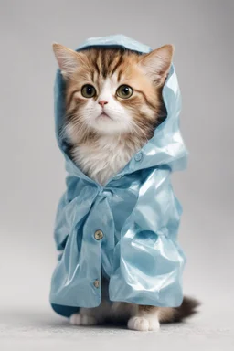 baby cat in raincoat. Chibi, Photograph, Canon DSLR, Tilt - shift, white background, high definition, Complete and coordinated composition, 8k