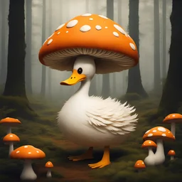 Bipedal creature resembling a giant Duck with cream feathers and black eyes with a giant mushroom cap that is orange with orange-yellow spots in a mushroom forest in folk art style