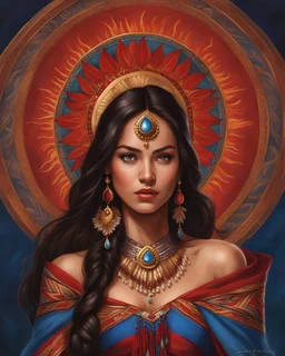 native american young female, gorgeous, attractive, brunette, curly shoulder length hair, conjuring ball of fire, blue exquisite detailed high noble dress, noble red shawl, gold earing, long one piece detailed skirt, exquisite eyes, realism, realistic