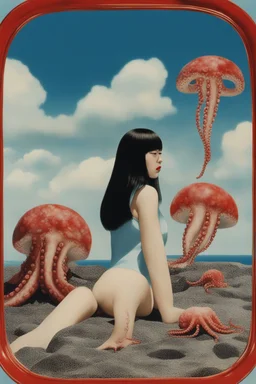 girls leg, Octopus وcloud in blue sky, a red lip, collage art, shuji terayama, dreamy objects, surreal, criterion collection, showa era, intricate details, mirror