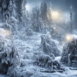 winter landscape, bells, ice, dreamy, science fiction