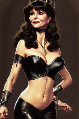 painting of victoria principal as evil queen in black leather, feminie, angry, volouptous, busty, cleavage, emperious, mature, highly detailed, digital painting, artstation, concept art, smooth, sharp focus, illustration, art by gaston bussiere and alphonse mucha